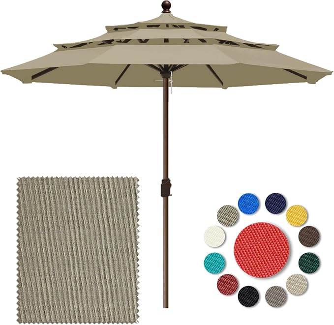Eurmax USA 10-Year-Non-Fading 10FT 3-Tier Outdoor Patio Market Umbrella,UPF50+ UV Resistant,Heavy Duty Commercial Grade,Crank Lift Design,Windproof Vented Top for Garden,Pool,Deck,Mushroom