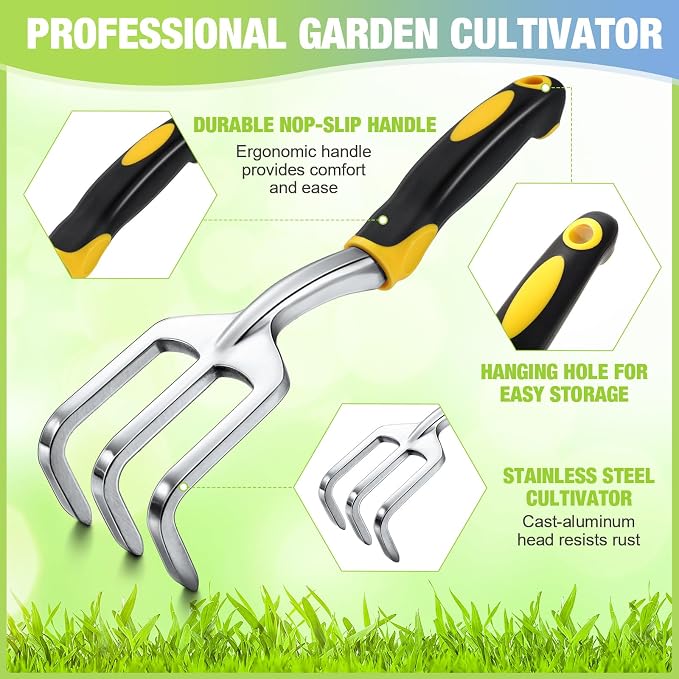 Yaocom 24 Pcs Hand Rake Garden Tool Mini Heavy Duty Garden Cultivator 11 Inch Small Rakes Gardening Aluminum Alloy Hand Tiller with Handle for Digging Weeding Loose Soil