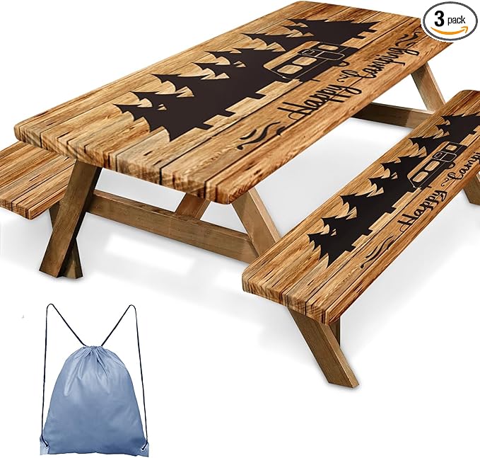 Picnic Table Cover with Bench Covers Elastic Edges, Wood Camper Fitted Table Cover, Outdoor Patio Camping Essentials 72 Inch 3PCS, Waterproof Camping Fitted Tablecloth with Drawstring Bag