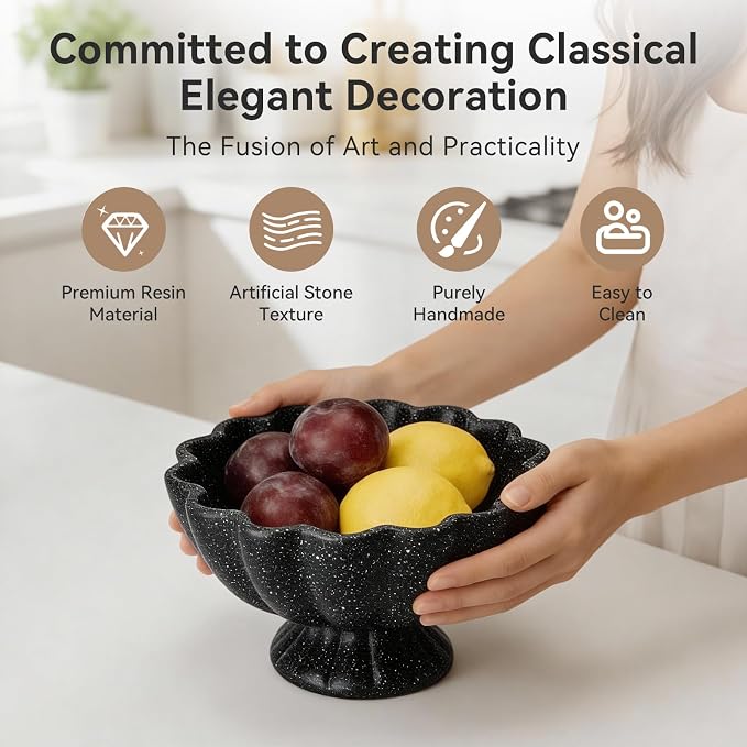 Pedestal Decorative Bowl Home Decor - 7.9" Morden Resin Handmade Decorative Fruit Bowl for Kitchen Counter, Chic Ruffle Bowl Centerpiece Decor for Dining Table Coffee Table (Starry Black)