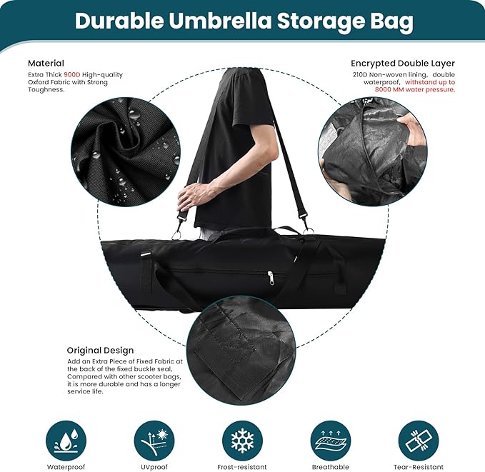 Patio Umbrella Storage Bag,Upgraded 900D Large Beach Umbrella Bag with Padded Carry Strap and Double Open Waterproof Zipper,Universal Pool Umbrella Sleeve for Blissun, Sunshine, Tempera Sun Umbrella
