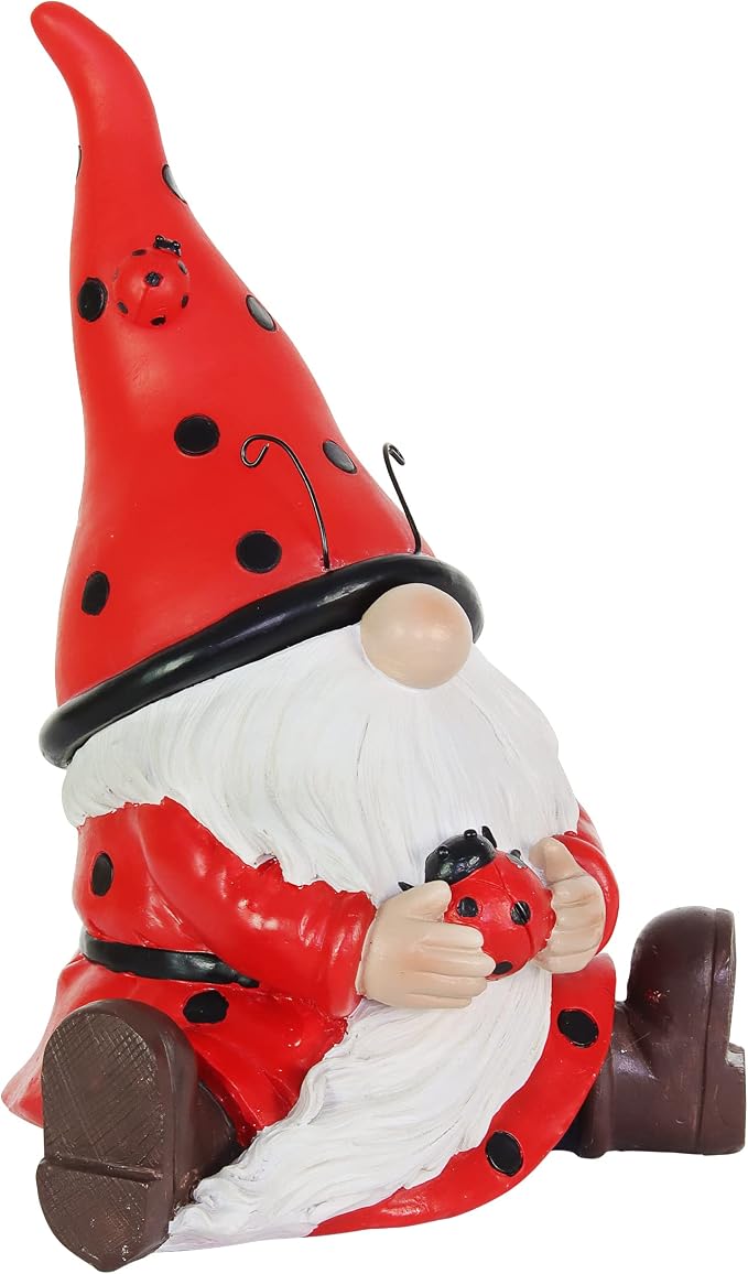 Exhart Garden Gnome, Ladybug Red Hat Solar Garden Statue Sculpture with Lady Bug, 4 LED Lights, Outdoor Lawn and Yard Decoration, 5.5 x 7 x 9.5 Inch