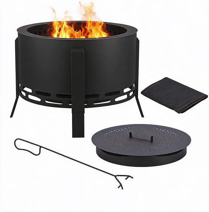 26 Inch Smokeless Outdoor Fire Pit, Outdoor Firepit Table with Removable Ash Pan,Bamboo Lid, Rainproof Cover,Portable Metal Firepit for Patio, Backyard, Camping