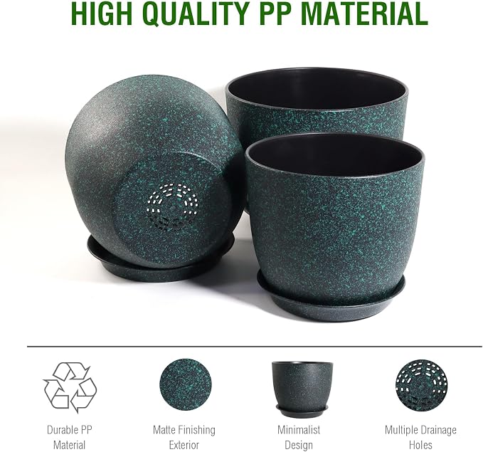UOUZ 12/10/9 Large Modern Plant Pots, Plastic Planters with Drainage Holes and Saucers for Indoor Outdoor Plants Flowers, Black with Green Speckles