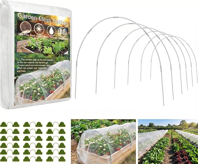Garden Netting Kit for Raised Beds, 10x30FT Ultra Fine Mesh Netting & 5 Sets Garden Hoops with 18 Clips, Greenhouse Row Cover Net for Vegetable Fruits Flowers Barrier