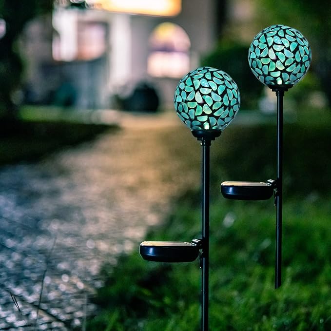 Solar Outdoor Decorative Light, Mosaic Stake for Yard Decor, 3.5" | 2 Pack Crackle Glass Sphere Mosaic Glass Ball Stake, Waterproof Design & Solar Lights for Lawn, Yard & Pathway Decor, Blue