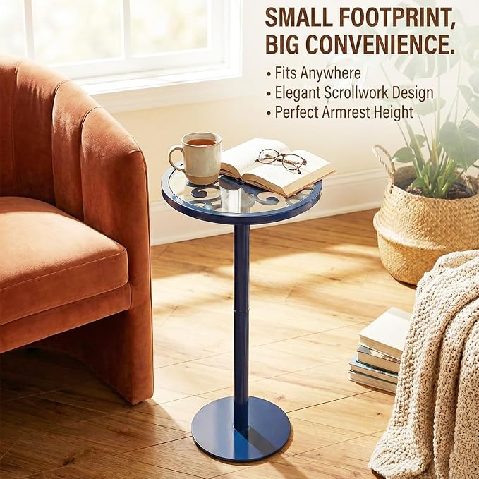 Navy Blue Drink Table, Indoor Outdoor Small Round Side Table with Tempered Glass & Scroll Design, 24.7" Metal Pedestal End Table for Living Room,Patio, Pool, Coastal Nautical Decor (Navy Blue)