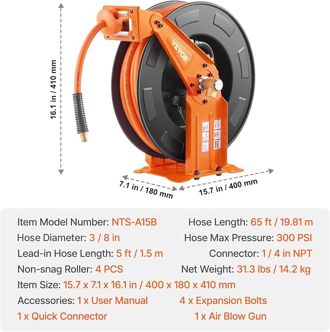 VEVOR Retractable Air Hose Reel with Double Arms, 3/8 IN x 65FT Hybrid Air Hose Max 300PSI, Air Compressor Hose Reel with 5FT Lead in, Ceiling/Wall Mount Heavy Duty Steel Reel for Workshop Garage