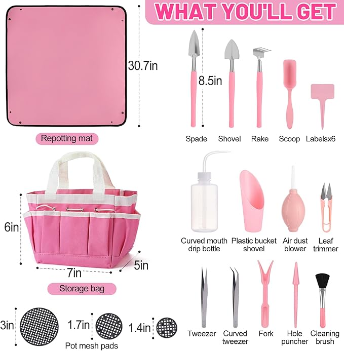 44pcs Small Gardening Tools Gifts for Women Beginners - Garden Hand Tools Set for Indoor Succulent Bonsai Plants Transplanting, Included Bag/Repotting Mat/Shovel/Labels, Pink