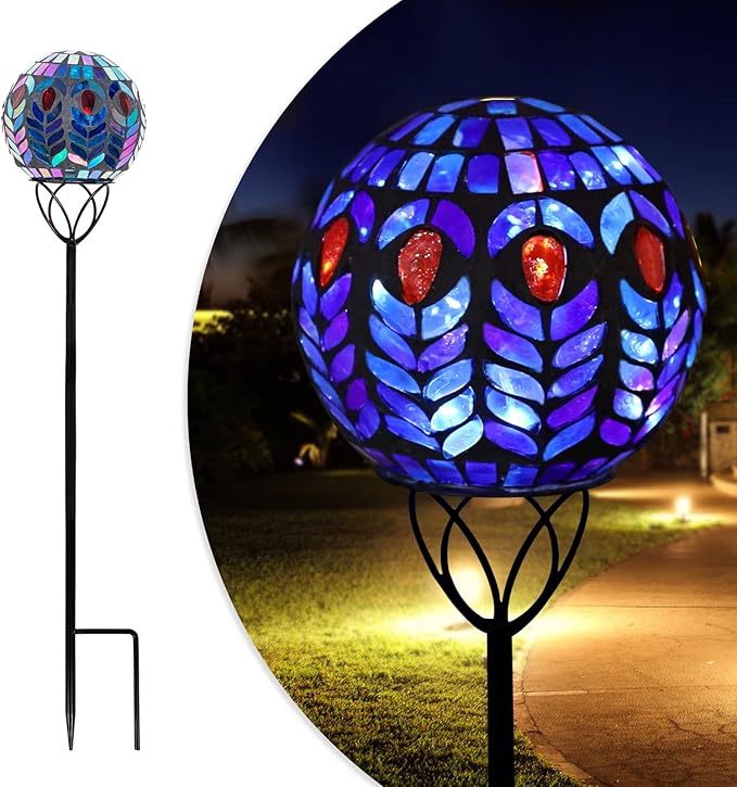 Solar Outdoor Decorative Light, Mosaic Ball Stake for Yard Decor, 6" | 6" Crackle Glass Sphere Mosaic Glass Ball Stake, Waterproof Design & Solar Lights for Lawn, Yard & Pathway Decor, Multi