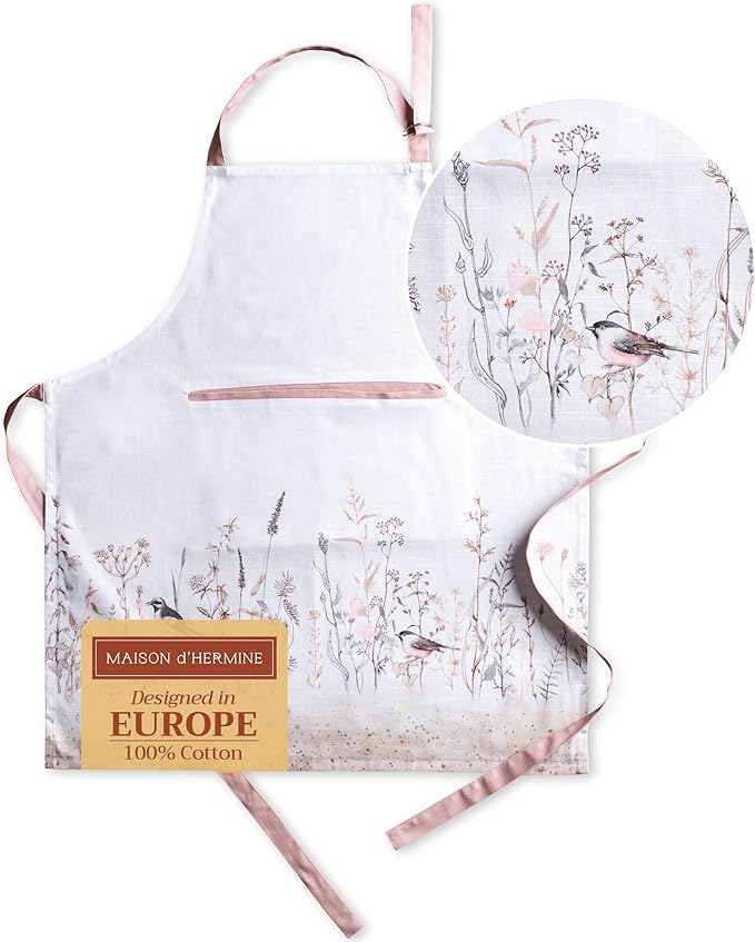 Maison d' Hermine Aprons for women with Pocket 100% Cotton (27.50"x31.50") | Adjustable Neck Strap & long ties Apron Men Chef Wedding Cooking Gardening Server Maid