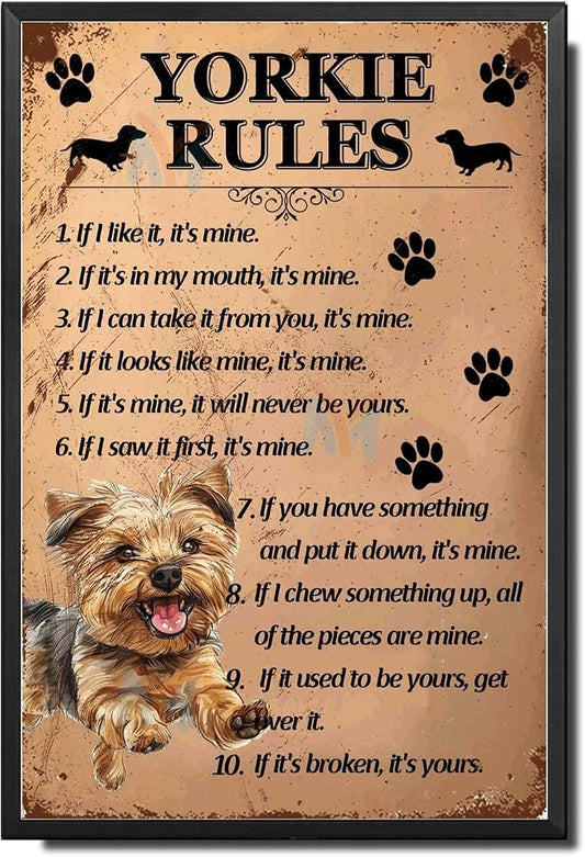 Metal Sign Tin Sign Vintage Wall Art Yorkie Rules Metal Garden Signs for Restaurant 8×12 Inches with Metal Frame