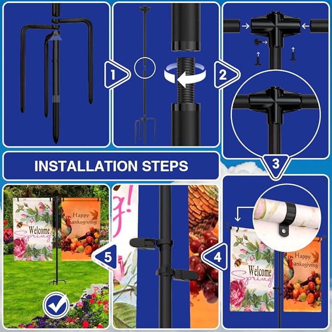 Garden Flag Stand Holder w/4-Prong Base, 3/4 Inch Extra Thick Heavy Duty Yard Flag Holder for Double Small Flags 12x18, Garden Flag Pole for Outside Patio Decor