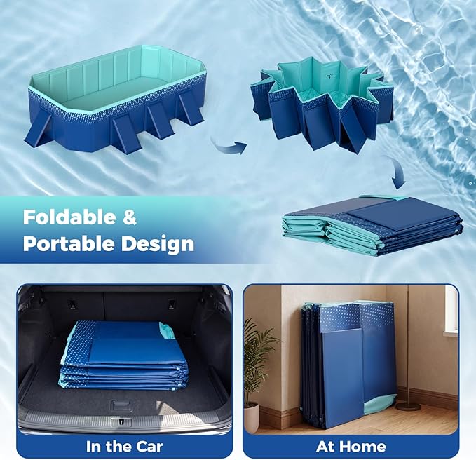 Goplus Foldable Non-Inflatable Swimming Pool, Portable Rectangle Around Ground Pool with 24 Hard Shell, Drain Hose, Outdoor Collapsible Kiddie Pool for Backyard Garden (Navy+Green,99x52 in)