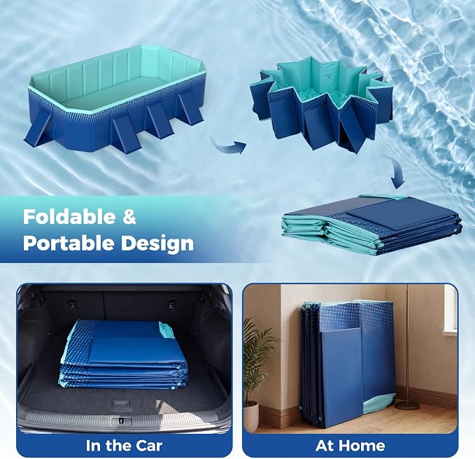Goplus Foldable Non-Inflatable Swimming Pool, Portable Rectangle Around Ground Pool with 24 Hard Shell, Drain Hose, Outdoor Collapsible Kiddie Pool for Backyard Garden (Navy+Green,88x50 in)