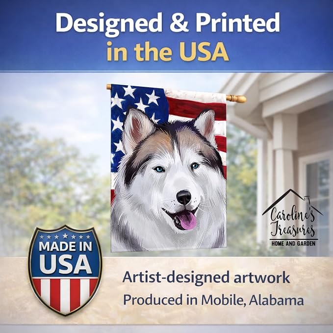 Caroline's Treasures CK6389CHF Alaskan Husky American Flag House Flag Large Porch Sleeve Pole Decorative Outside Yard Banner Artwork Wall Hanging, Polyester, House Size, Multicolor