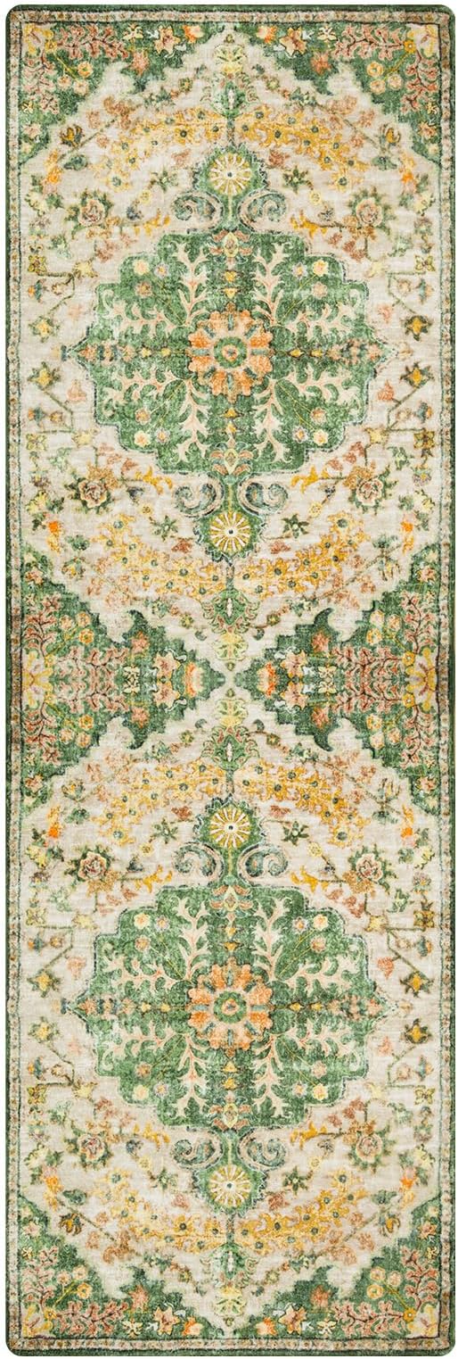 Lahome Reine Bohemian 2x6 Washable Hallway Runner Rug, Kitchen Runner Rugs Non Skid Washable, Floral Medallion Soft Bathroom Carpet Runners for Laundry Room Bedroom Foyer Entryway, Yellow/Green/Multi