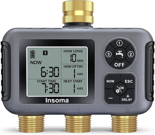 Insoma Water Timer with Brass Inlet, 3 Independent Zones Outdoor Hose Timer for Garden Faucet with Auto/Manual/Rain Delay Mode, IPX5 Waterproof, Sprinkler Irrigation Controller for Yard Lawn