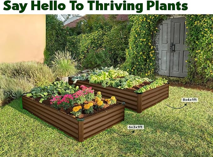Plant & Plot Galvanized Raised Garden Beds Outdoor // 6×3×1 ft Planter Raised Beds for Gardening, Vegetables, Flowers (Dark Wood Grain) // Large Metal Garden Box // Patented Tool-Free Design