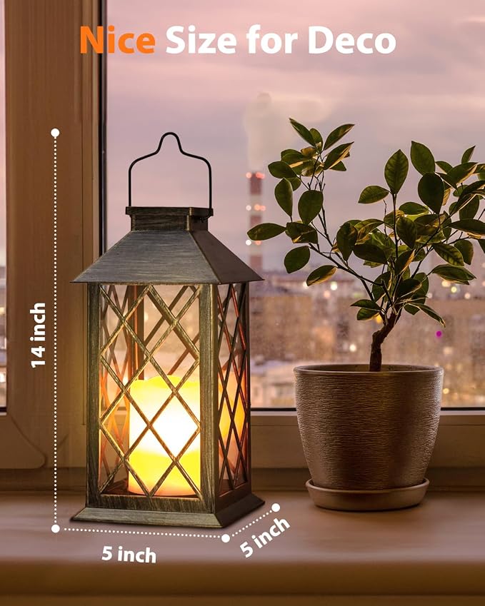 Otdair Solar Lanterns Outdoor Waterproof, 2 Pack 14" Hanging Flickering LED | Auto dusk-to-dawn; Flickering flame effect; 7–8h Runtime; IP65 waterproof; Retro style; Patio yard garden decor; Gift