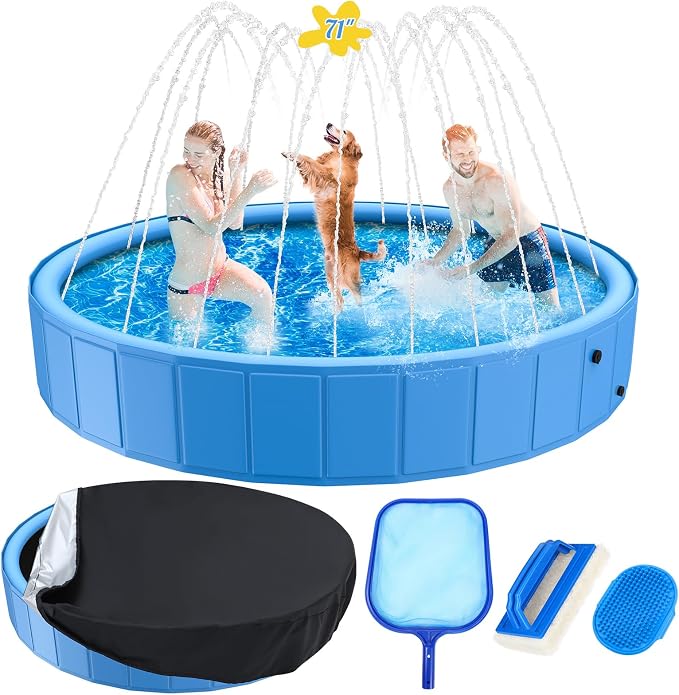 Foldable Dog Pool, 71 in Large Sprinkler Pool with Cover for Dog, Heavy Duty Dogs Splash Pad with Sprinkler Bathtub for Large Medium Small Pets Summer Outside Water Playing
