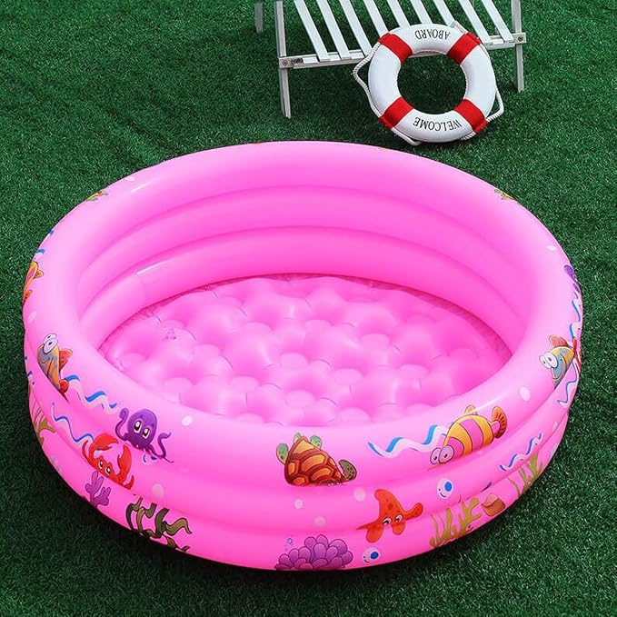 Inflatable Baby Kiddie Pools, 3 Rings Round Swimming Pool, Toddler Fun Water Swim Beach Floaties Toys, Kids Fishing Pond Ball Pit Pool, Small Infant Pool (Pink, 35 inch)