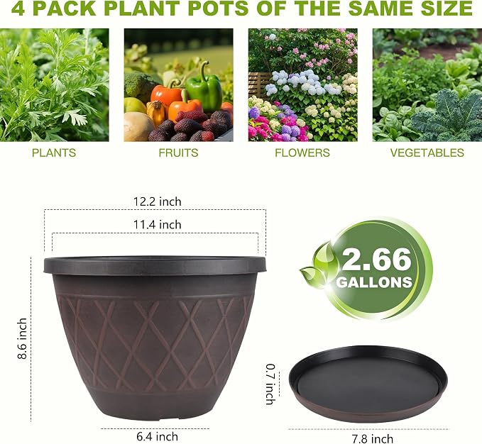 4 Pack 12 Inch Pots for Plants, Decorative Plastic Flower Pots with Drainage Hole & Saucer, Modern Large Planters for Outdoor Indoor Plants, Garden, Balcony, and Home Decor (Brown)