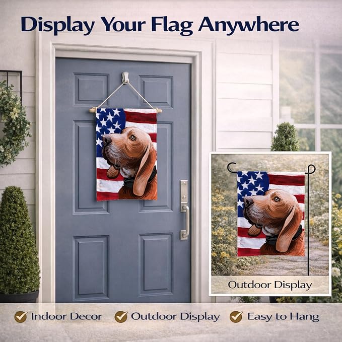 Caroline's Treasures CK6683GF Sabueso Espanol Dog American Flag Garden Flag Mailbox Flag Decorative Yard Flag Banner Outside Patio Artwork Yard Flower Beds, Garden Size, Multicolor