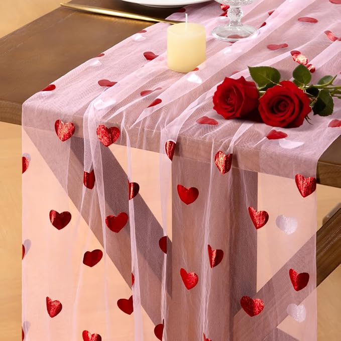 Socomi Valentine's Day Red Heart Table Runner Gauze Sheer Romantic Sequin 10FT Glitter Metallic Foil Dining Wedding Birthday Party Baby Shower Holiday Centerpiece Table Decor Pink