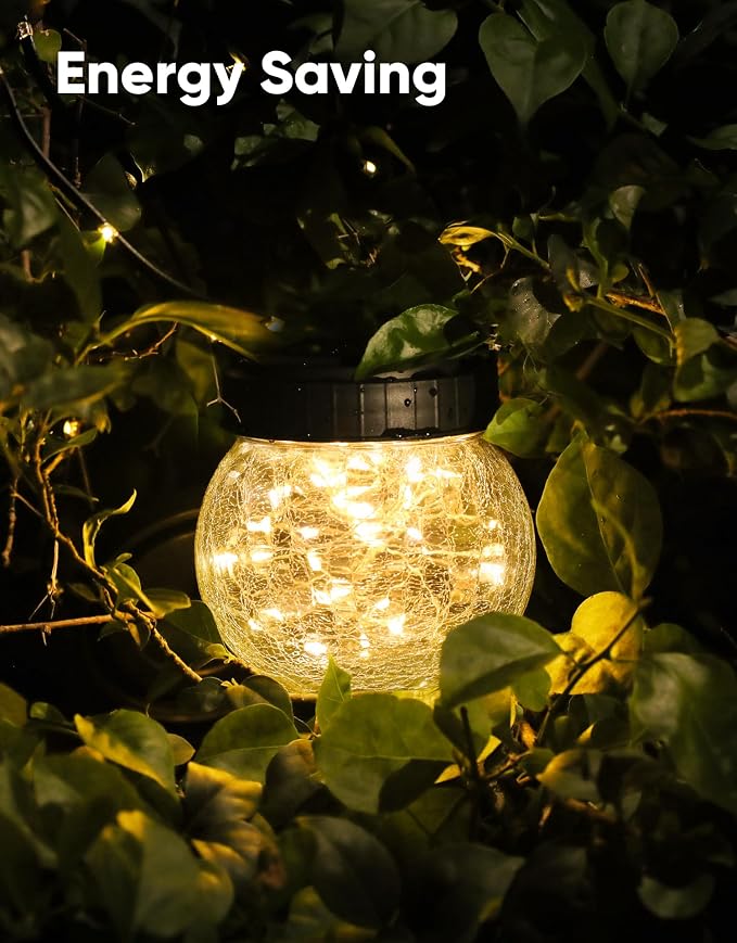 Solar Lanterns Solar Lights Outdoor Waterproof 6-Pack, Solar Powered Hanging Lights Cracked Glass Hanging Globes for Christmas Decoration, Shepherd Hook, Garden Tree Ornaments