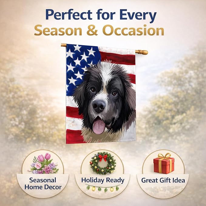 Caroline's Treasures CK6604CHF Landseer American Flag House Flag Large Porch Sleeve Pole Decorative Outside Yard Banner Artwork Wall Hanging, Polyester, House Size, Multicolor