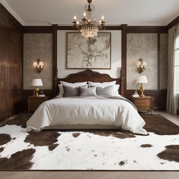 DweIke Cow Print Rug – 4x6 Faux Cowhide Carpet, Washable Soft Non-Slip Stain Resistant Animal Cow Hide Rugs for Living Room Bedroom Dining Room Office, Western Home Decor, Brown