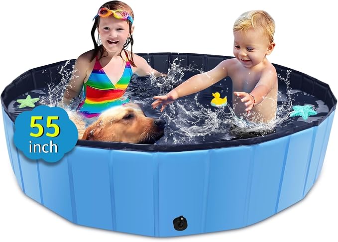 CACSPS Foldable Dog Pool, 55" x 12" Kiddie Pool with Hard Plastic, Non-Slip Dog Bath Tub for Outdoor Backyard, Collapsible Dog Swimming Pool for Kids Dogs Pets (Blue)