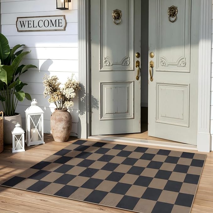 Lahome Colette Checkered Easy Jute 3x5 Rug, Washable Rugs for Living Room Entryway Farmhouse Non Slip Black Outdoor Carpet, Checkerboard Indoor Door Mat for Entry Patio Deck
