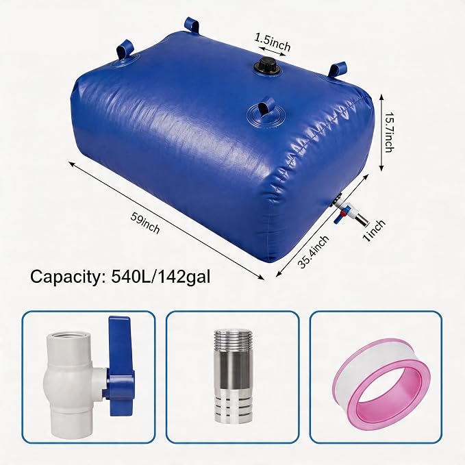 Water Storage Bladder Portable Heavy-Duty - 142Gal/540L with Stainless Steel Fittings, Leak-Proof & Durable – Portable Tank for Emergency, Farming, Irrigation Use（Glossy Surface）