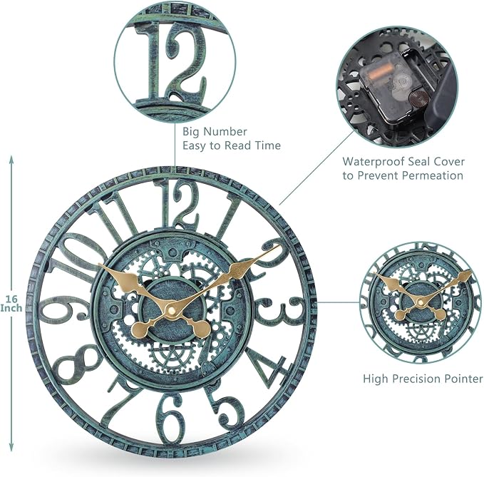 WrtmyR Outdoor Wall Clock Waterproof, 16 Inch Silent Non-Ticking Battery Operated Outside Clock, Decor Clock for Patio, Pool, Garden, Fence, Porch, Lanai, Farmhouse Decor (Green)