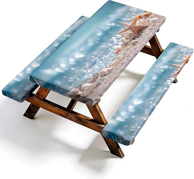 NYZE 3 Pieces Picnic Table Cover with Bench Covers Set, Camping Tablecloth, Tablecloth Cover with Drawstring Bag, Camping Essentials for Outdoor Picnics, Patio, BBQ (Starfish Beach)