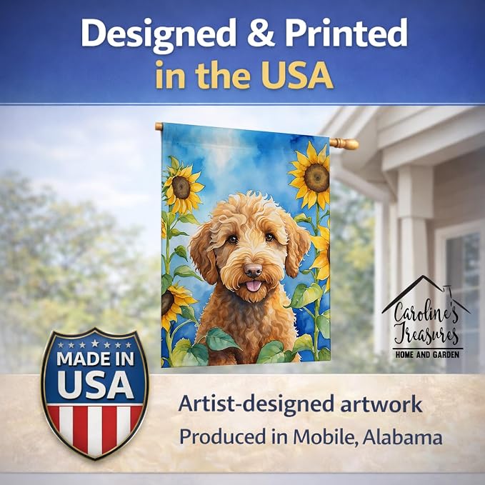 Caroline's Treasures DAC6113CHF Labradoodle in Sunflowers House Flag Large Porch Sleeve Pole Decorative Outside Yard Banner Artwork Wall Hanging, Polyester, House Size, Multicolor