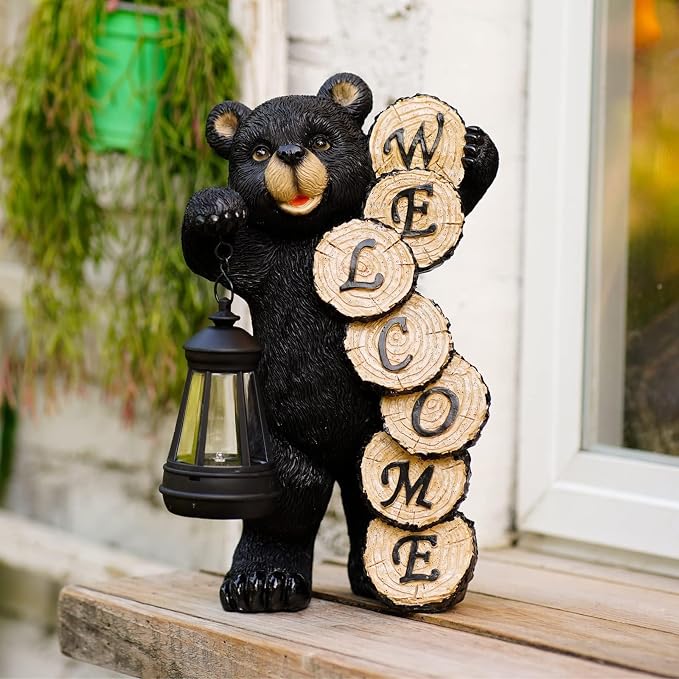 Qeeman Solar Bear for Garden Decor: Weatherproof Resin Statues | Warm Glow Lantern Outdoor Decoractions for Yard Pathway Patio Porch Balcony Front, Gifts for Mom Grandma Lovers