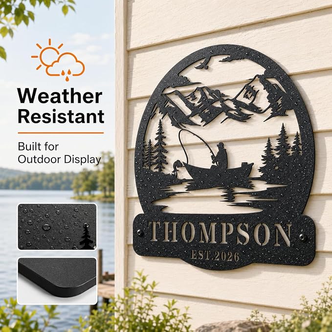 Personalized Fishing Metal Sign with Name, Custom Fisherman Wall Art for Lake House Cabin Man Cave Decor, Outdoor Iron Fishing Pole Plaque, Angler Gift for Dad