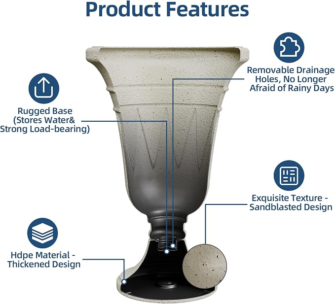 Tall Urn Planters for Outdoor Plants Set of 2-23.6" H Vintage Trophy Design Outdoor Planters for Porch Decor with Drainage Hole, Indoor Large Flower Pots, Pedestal Planter/Garden Vase, Beige