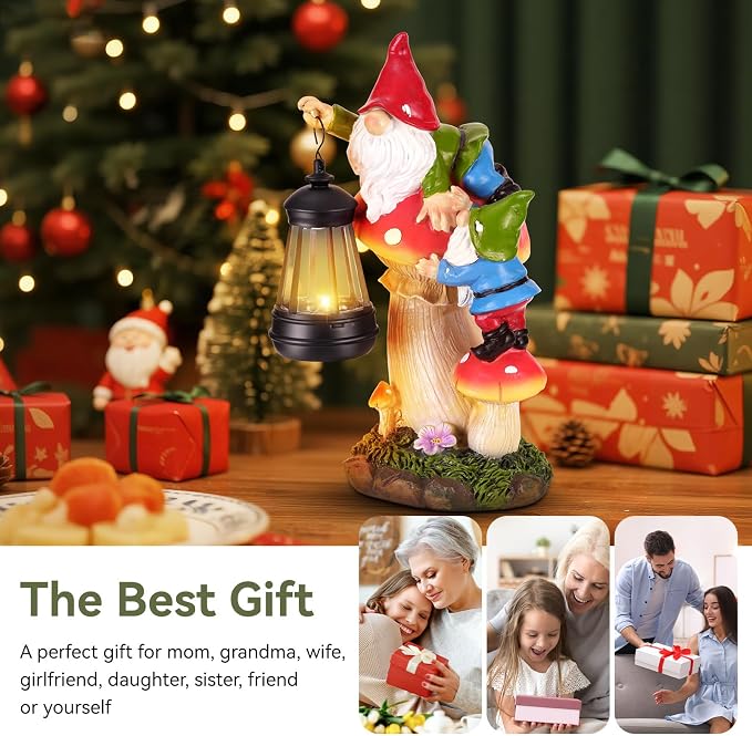 Garden Gnomes Outdoor Statues with Light, Gnomes Decorations for Yard, Solar Garden Gnome Climbing on Mushroom, Lawn Ornaments for Patio, Balcony Housewarming- Unique Women Gifts