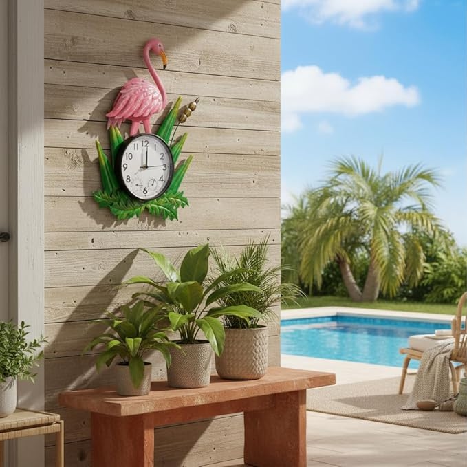 Outdoor Clock Silent Non-Ticking, Outdoor Wall Clocks with Thermometer & Humidity, Quartz Clocks Waterproof Decor for Patio Garden Living Room（Pink Flamingo）