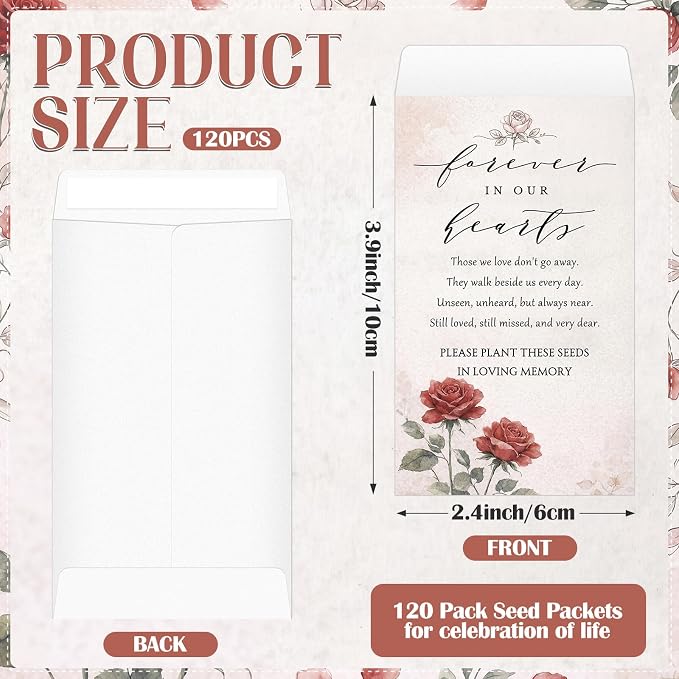 Fumete 120 Pack Red Rose Seed Mini Envelopes Resealable Seed Organizer Storage Bag Funeral Celebration of Life Packets for Memorial Day Veterans Day Funerals Loss of Loved One, 3.9 x 2.4 Inch