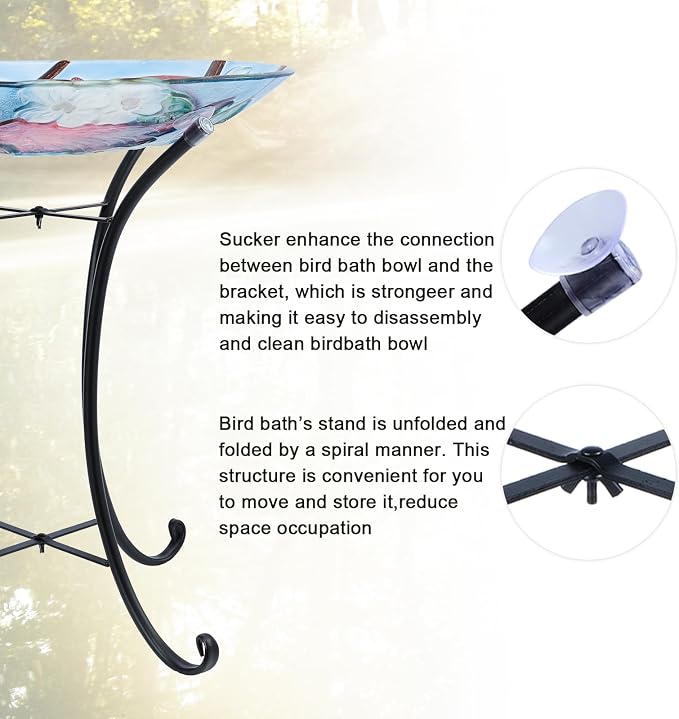 MUMTOP Outdoor Glass Birdbath with Metal Stand for Outside Yard Garden Decor, 18 inch Diameter Red Caridnals Bird Baths Bowl for Outdoors, 21.65 inch Height