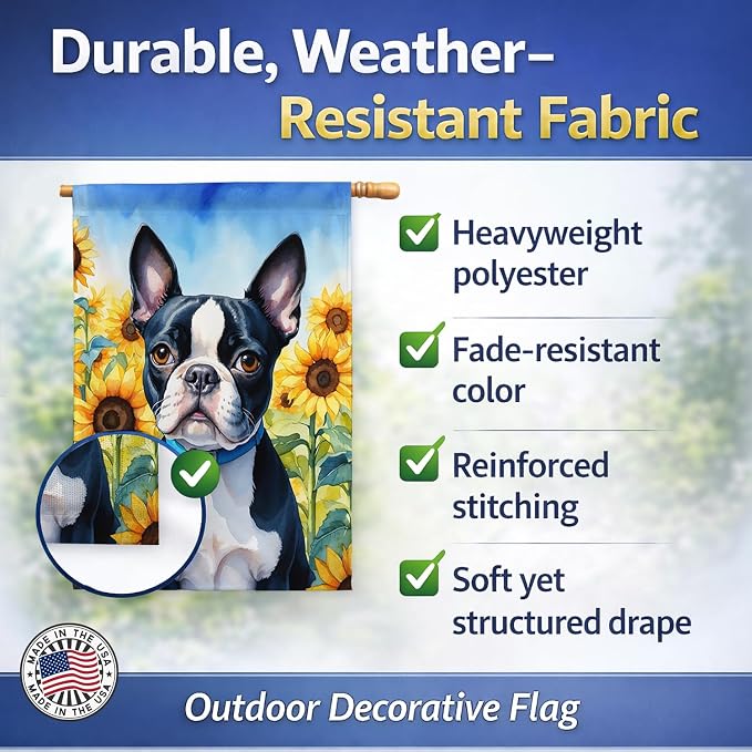 Caroline's Treasures DAC6036CHF Boston Terrier in Sunflowers House Flag Large Porch Sleeve Pole Decorative Outside Yard Banner Artwork Wall Hanging, Polyester, House Size, Multicolor
