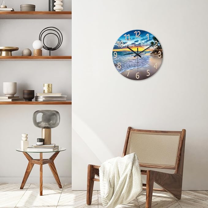 Blue Ocean Wall Clock Battery Operated 14 Inch | Round Analog Beach Clocks Wall Decor Glass Modern Coastal Wall Clock Silent Non Ticking