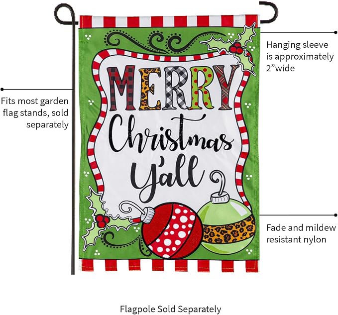 Evergreen Flag Merry Christmas Y'all Garden Flag 12x18 Double Sided | Christmas Garden Flag for Outside | Indoor Outdoor Small House Flags Décor for Home Yards Porch Garden
