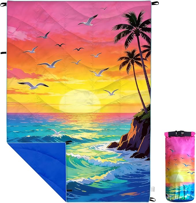 Outdoor Puffy Camping Blanket, Packable Outdoor Blanket Waterproof Down Alternative for Camping, Hiking, Backpacking, Traveling, Picnic, Beach, Lawn, Stadium (Sea, 55 * 79'')