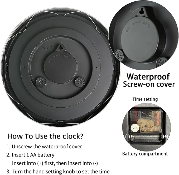 Caysie 16 Inch Indoor Outdoor Clocks Waterproof with Thermometer and Hygrometer Combo, Silent Battery Operated Quartz Metal Wall Clock for Patio Pool Bathroom Home (Black)